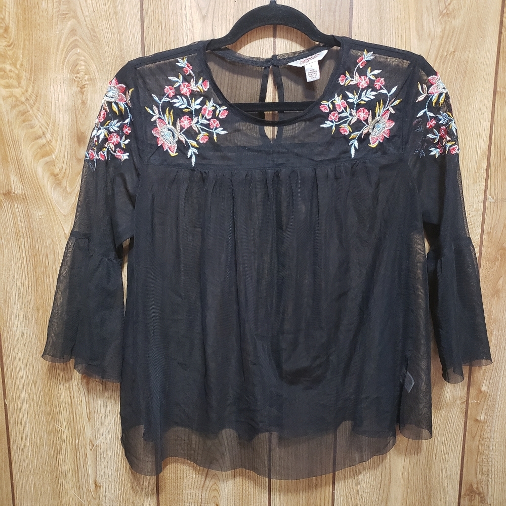 Black Embroidered Chiffon Arizona Jean CO Lg Sheer Blouse Coquette Fairy